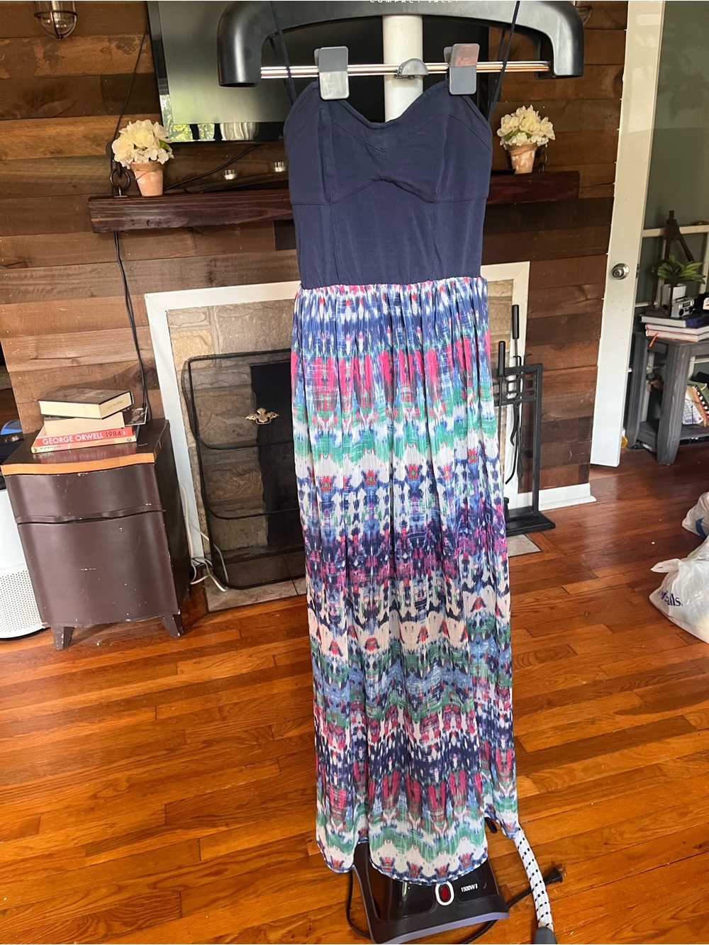 Aeropostale Navy Strapless Maxi Dress with Multicolor Printed Skirt